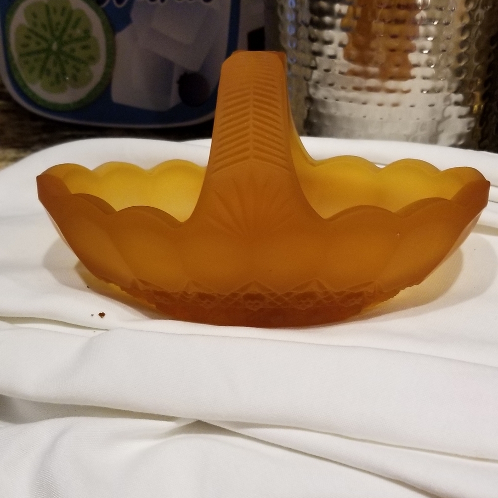 Vintage Scalloped Orange Marigold Satin Glass Handled Easter Basket
